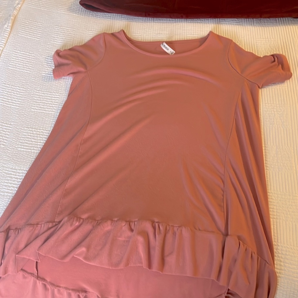 Pink high low shirt with ruffled bottom, size small